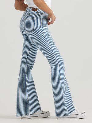 Blue and white store striped flare jeans