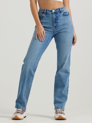 Women's High Waist Stretch Straight Wide Leg Blue Jeans Distressed Comfort  Classic Denim Pants Trousers with Pockets 