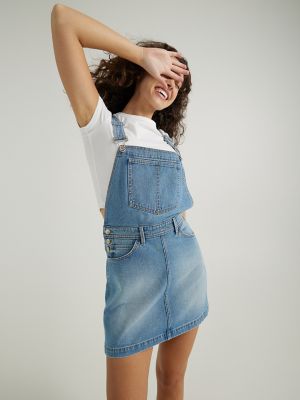 Womens Dungaree Pinafore Dress Denim Skirt Dungarees Size 6 8 10 12 14 Mid  Blue