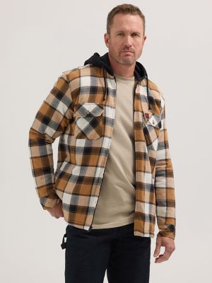 Wrangler® RIGGS Workwear® Long Sleeve Hooded Flannel Work Jacket in Tobacco Plaid