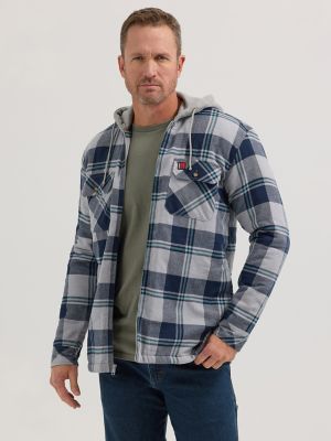 Wrangler® RIGGS Workwear® Long Sleeve Hooded Flannel Work Jacket in Grey Plaid