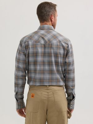 Men's Wrangler® FR Flame Resistant Long Sleeve Western Snap Plaid Shirt in Grey/Orange Plaid