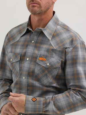 Men's Wrangler® FR Flame Resistant Long Sleeve Western Snap Plaid Shirt in Grey/Orange Plaid