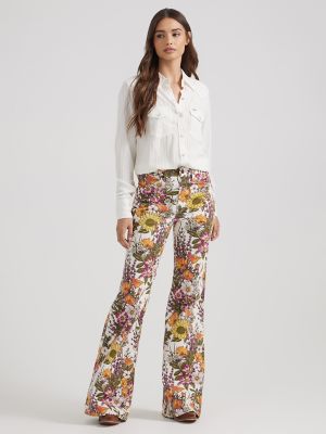 Womens Floral Print Bell Bottoms Pants High Waist Flared Denim Trousers  Stretch Jeans Pants with Pockets Casual, Yellow, Small : :  Clothing, Shoes & Accessories