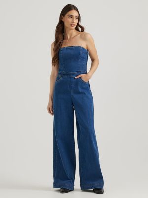 Seam Front Zip Through Denim Flare Jumpsuit