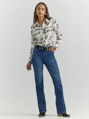 Women s Wrangler Bold Bucking Cowboy Western Snap Shirt SALE Wrangler