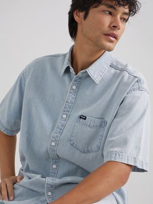 Men's Denim Short Sleeve Shirt in Blue Grammer main view