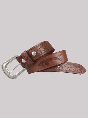 Men's Wrangler Tooled Leather Belt in Brown Leather