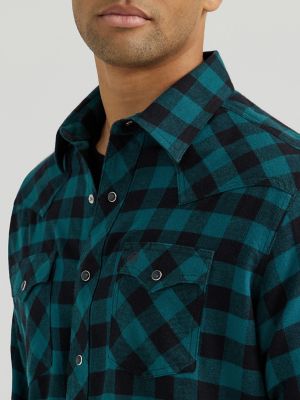 Men s Wrangler Retro Long Sleeve Flannel Western Snap Plaid Shirt L