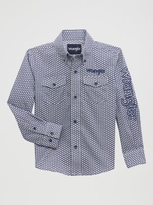 Men's Wrangler Logo Long Sleeve Western Snap Shirt-Dark Blue