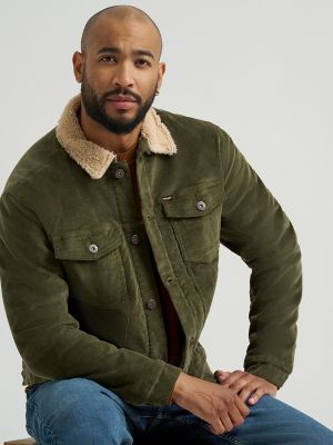 Men's Wrangler&reg; Sherpa Lined Corduroy Trucker Jacket in Olive Night alternative view 6