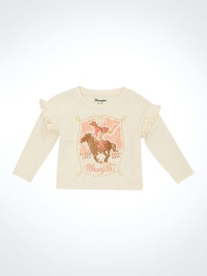 Little Girl's Long Sleeve Ruffle Shoulder Graphic Tee