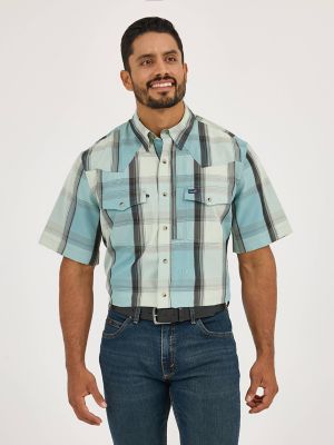 Men's Wrangler Performance Snap Short Sleeve Plaid Shirt in Cloudy Blues
