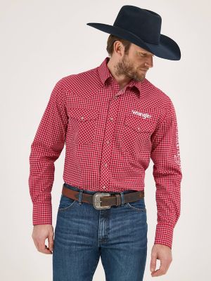 Men's Wrangler® Logo Long Sleeve Western Snap Shirt in Garnet Red