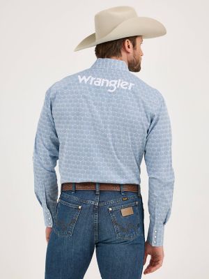 Men's Wrangler® Logo Long Sleeve Western Snap Shirt in Steely Blue Hexagons alternative view