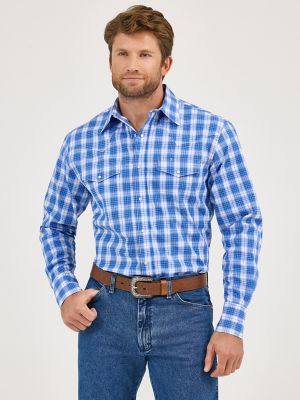 Men's Wrinkle Resist Long Sleeve Western Snap Plaid Shirt in Azure Blue