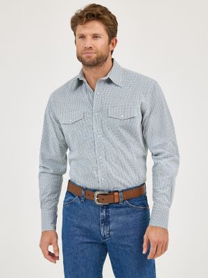 Men's Wrinkle Resist Long Sleeve Western Snap Plaid Shirt in Seashore