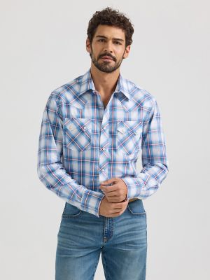 Men's Wrangler Retro® Long Sleeve Sawtooth Snap Pocket Western Shirt in Coastal Blue