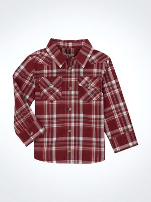 Little Boy Long Sleeve Snap Front Plaid Western Shirt in Scarlett