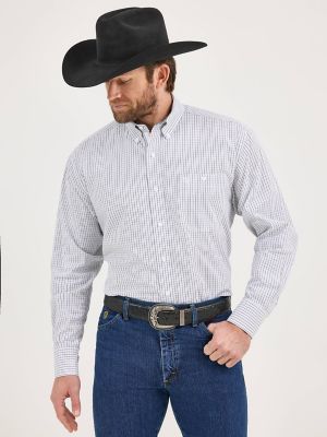 Wrangler® George Strait™ Long Sleeve Button Down One Pocket Shirt in White Microcheck