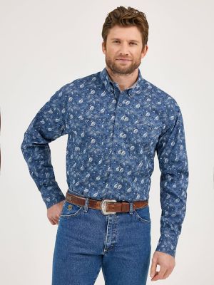 Wrangler® George Strait™ Long Sleeve Button Down Two Pocket Shirt in Berry Blue Paisley