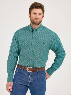 Wrangler® George Strait™ Long Sleeve Button Down Two Pocket Shirt in Teal Paisley