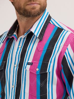 Vintage-Inspired Brushpopper Western Snap Workshirt in Pink Mix