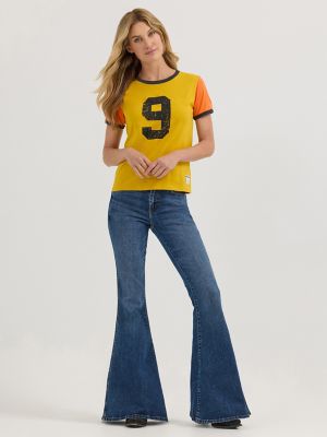 Wrangler x Lainey Wilson Number 9 Slim Ringer Tee in Nugget Gold