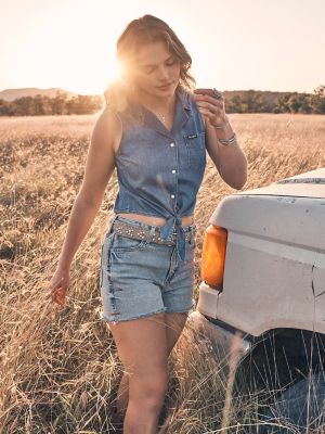 Women's Denim Sleeveless Tie Front Shirt