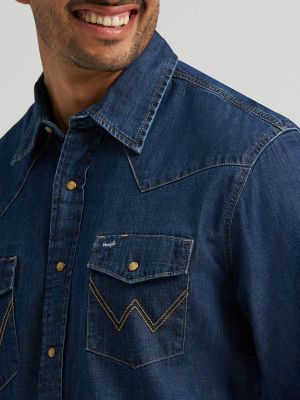Mens Wrangler Classic Denim Western Snap Shirt:Dark Wash:XL alternative view 3