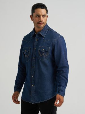 Men's Wrangler® Classic Denim Western Snap Shirt in Dark Wash