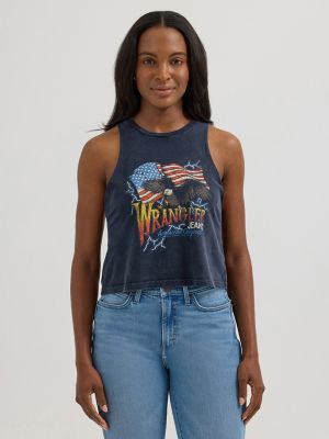 Women's Wrangler Festival Crop Graphic Tank in Black/Flag Eagle