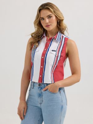 Women's Wrangler Striped Sleeveless Snap Shirt in Red White Blue