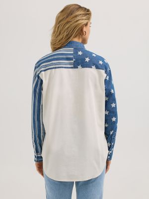 Women's Wrangler Pieced Boyfriend Denim Western Snap Shirt in Stars n Stripes