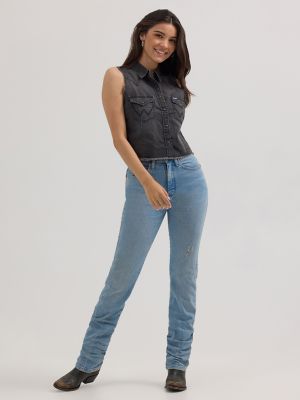 Women's Wrangler Frayed Denim Crop Western Snap Tank in Black Fray alternative view 2