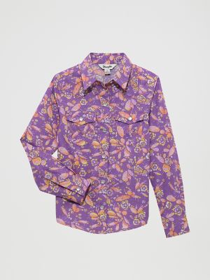 Girl's Cacti Floral Western Snap Shirt in Purple Cacti