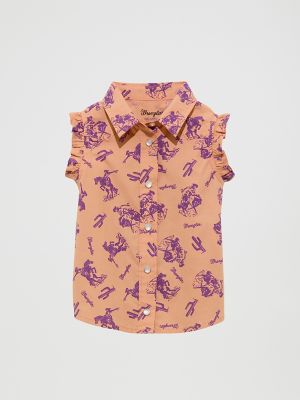 Little Girl's Sleeveless Ruffle Western Shirt in Orange