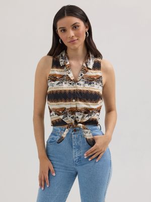 Women's Bold Printed Sleeveless Tie Front Shirt