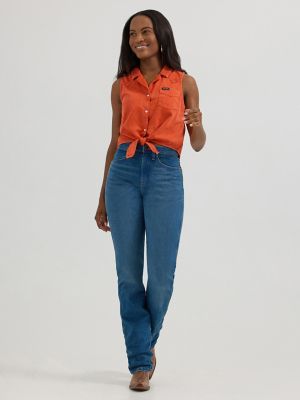 Womens Sleeveless Tie Front Camp Shirt:Reddish Orange:XXL alternative view