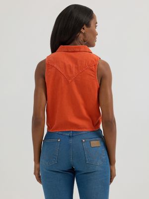 Womens Sleeveless Tie Front Camp Shirt:Reddish Orange:XXL alternative view 2