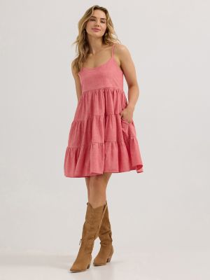 Womens Denim Strappy Tiered Dress:Red:XXL alternative view