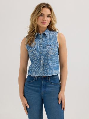 Women's Wrangler Print Denim Crop Western Snap Tank