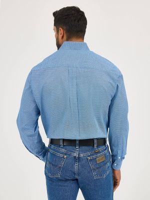 Wrangler® George Strait™ Long Sleeve Button Down One Pocket Shirt in Dusty Blue Microdot