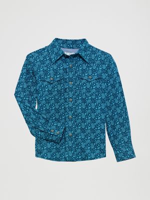 Boy's Wrangler® 20X® Advanced Comfort Western Snap Print Shirt in Paisley Turquoise