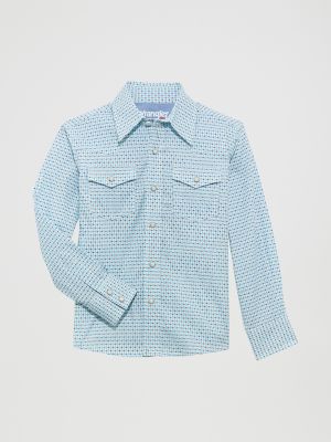 Boy's Wrangler® 20X® Advanced Comfort Western Snap Print Shirt in Blue Fence