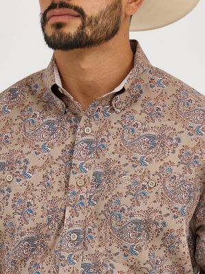 Wrangler® George Strait™ Long Sleeve Button Down Two Pocket Shirt in Bold Brown Paisley
