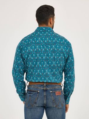 Men's Wrangler® Retro® Premium Long Sleeve Western Snap Printed Shirt in Turquoise Floral