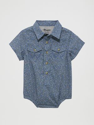 Baby Boy Short Sleeve Western Snap Bodysuit in Navy Paisley