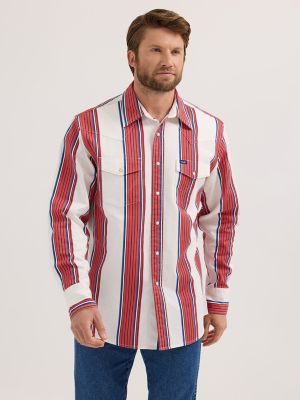 Vintage-Inspired Brushpopper Western Snap Workshirt in Cherry Stripe