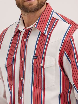 Vintage-Inspired Brushpopper Western Snap Workshirt in Cherry Stripe